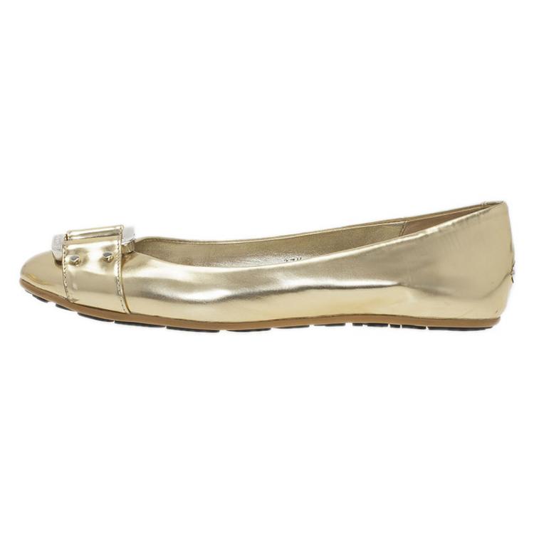 Pre Owned Jimmy Choo Metallic Gold Leather Morse Buckle Detail Ballet Flats Size 37.5