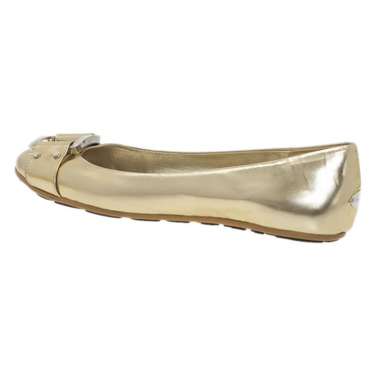 Pre Owned Jimmy Choo Metallic Gold Leather Morse Buckle Detail Ballet Flats Size 37.5