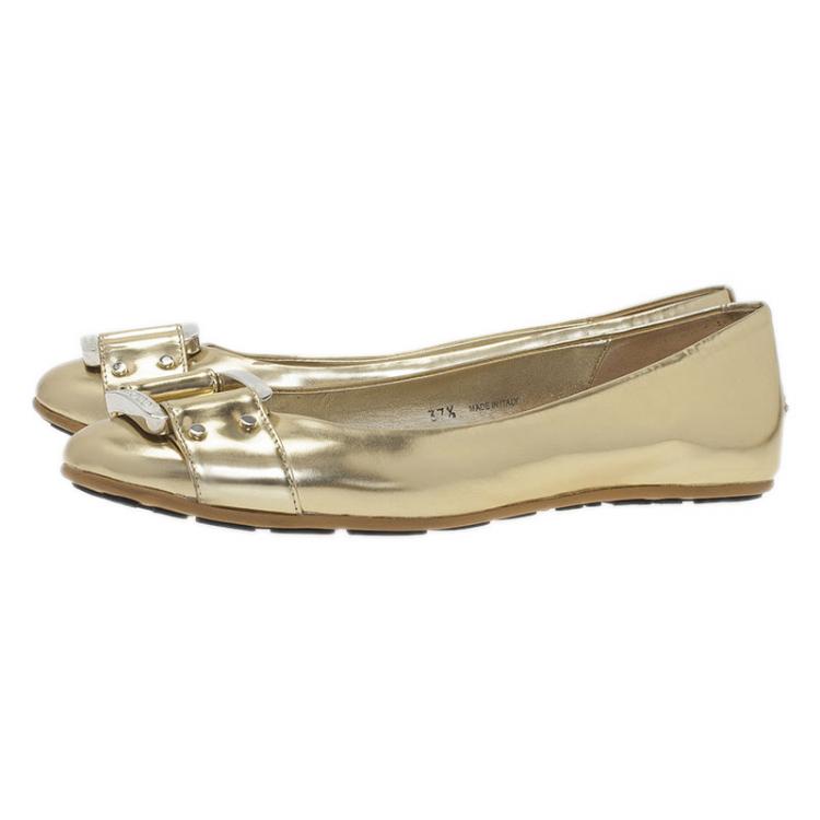 Pre Owned Jimmy Choo Metallic Gold Leather Morse Buckle Detail Ballet Flats Size 37.5