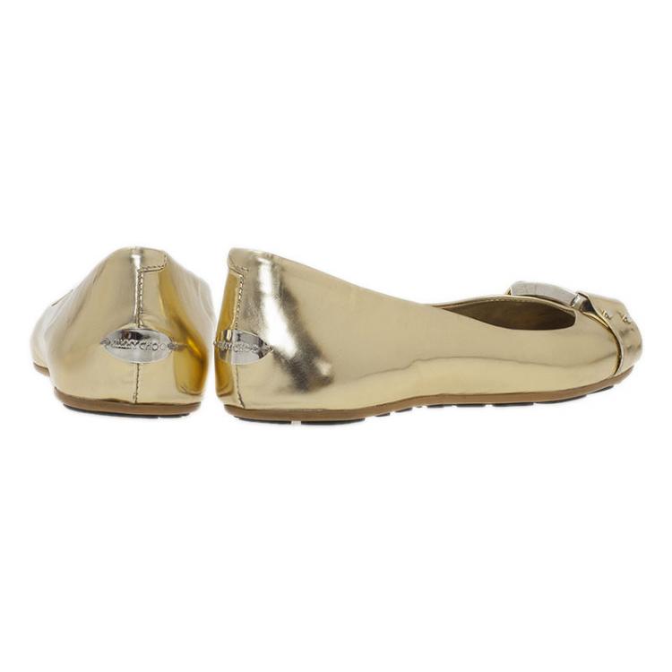 Pre Owned Jimmy Choo Metallic Gold Leather Morse Buckle Detail Ballet Flats Size 37.5