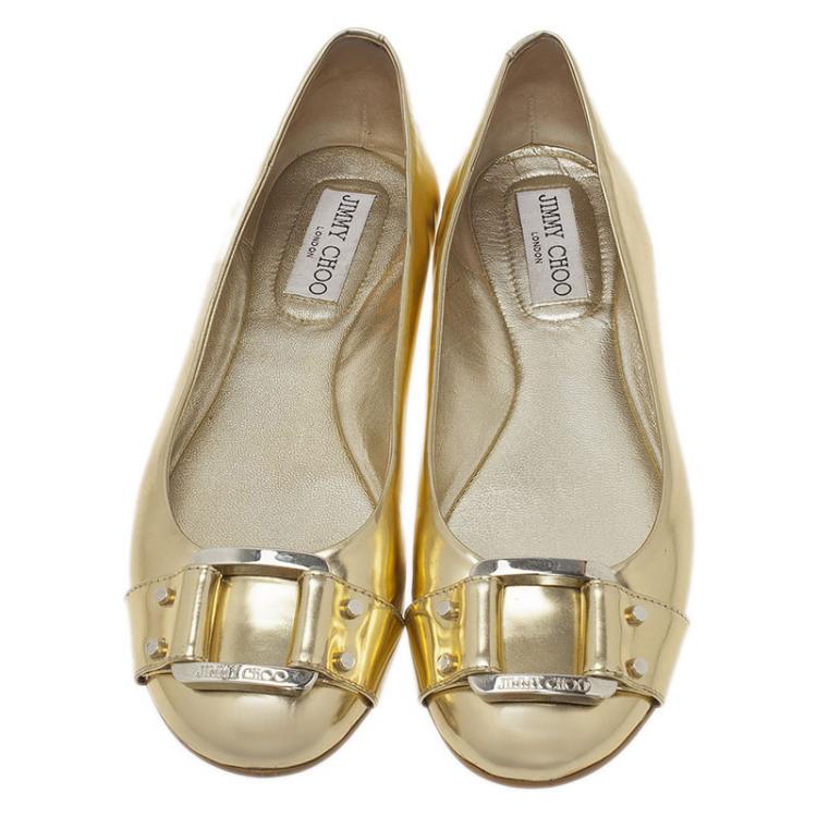 Pre Owned Jimmy Choo Metallic Gold Leather Morse Buckle Detail Ballet Flats Size 37.5