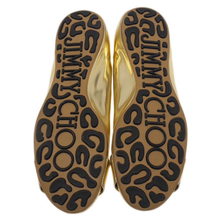 Pre Owned Jimmy Choo Metallic Gold Leather Morse Buckle Detail Ballet Flats Size 37.5