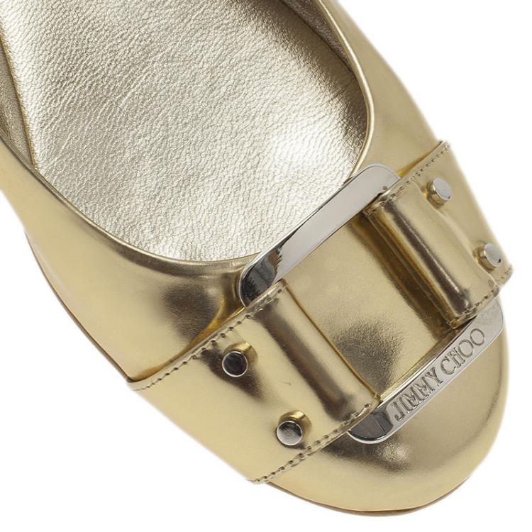 Pre Owned Jimmy Choo Metallic Gold Leather Morse Buckle Detail Ballet Flats Size 37.5