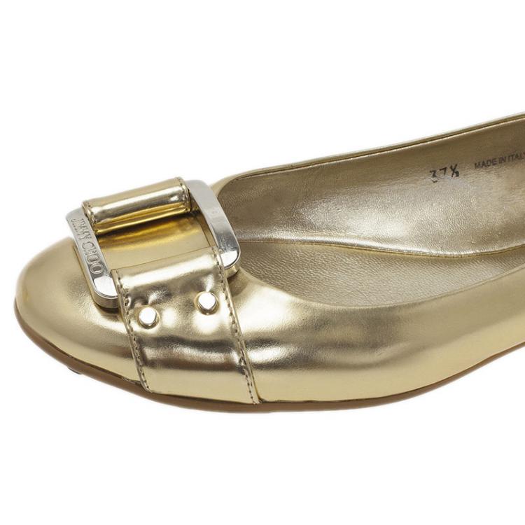 Pre Owned Jimmy Choo Metallic Gold Leather Morse Buckle Detail Ballet Flats Size 37.5