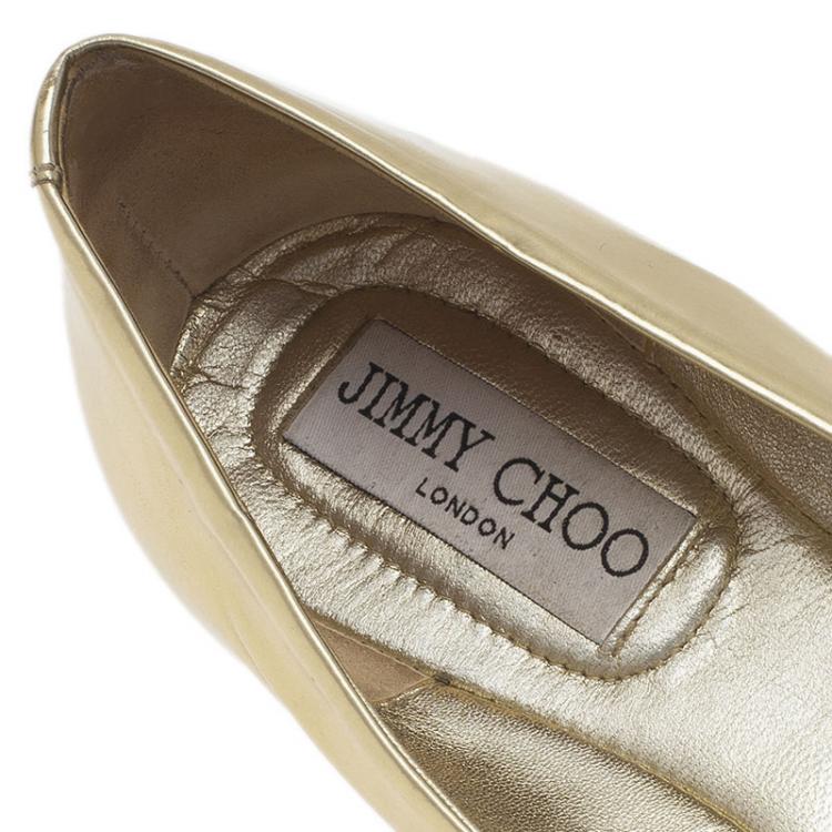 Pre Owned Jimmy Choo Metallic Gold Leather Morse Buckle Detail Ballet Flats Size 37.5