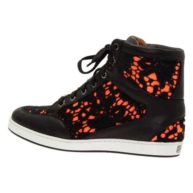 Pre Owned Jimmy Choo Neon Leather and Lace Tokyo High Top Sneakers Size 37