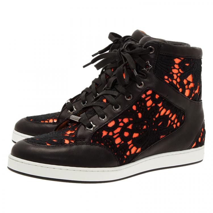 Pre Owned Jimmy Choo Neon Leather and Lace Tokyo High Top Sneakers Size 37