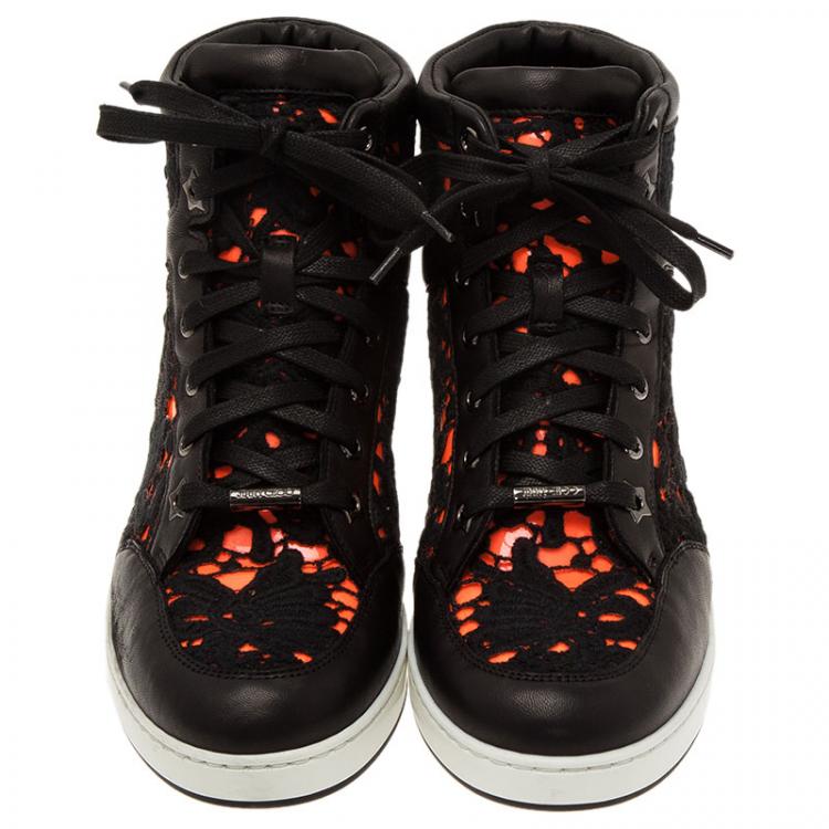 Pre Owned Jimmy Choo Neon Leather and Lace Tokyo High Top Sneakers Size 37