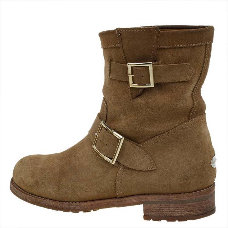Pre Owned Jimmy Choo Beige Suede Youth Biker Boots Size 38