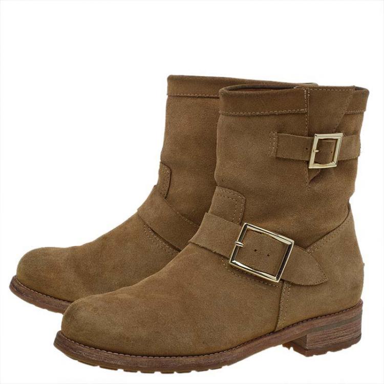 Pre Owned Jimmy Choo Beige Suede Youth Biker Boots Size 38