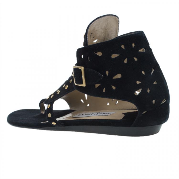 مملوكة مسبقًا Jimmy Choo Black Suede Cutout Gladiator Flat Sandals Size 38