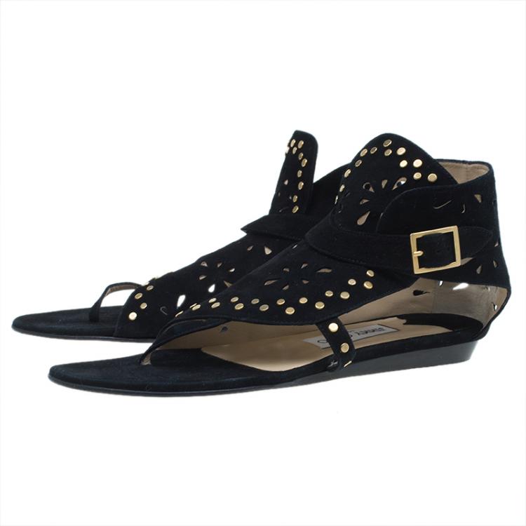 مملوكة مسبقًا Jimmy Choo Black Suede Cutout Gladiator Flat Sandals Size 38
