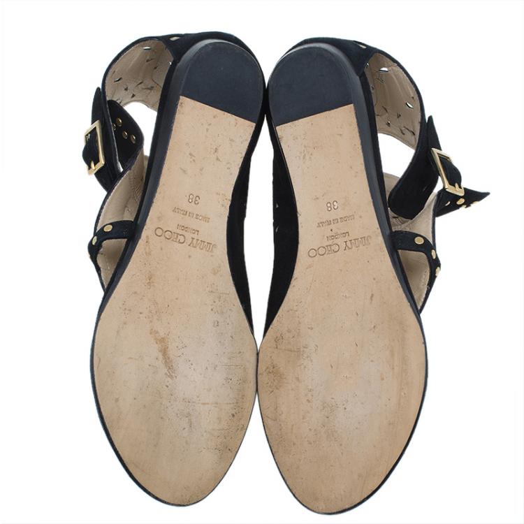 مملوكة مسبقًا Jimmy Choo Black Suede Cutout Gladiator Flat Sandals Size 38