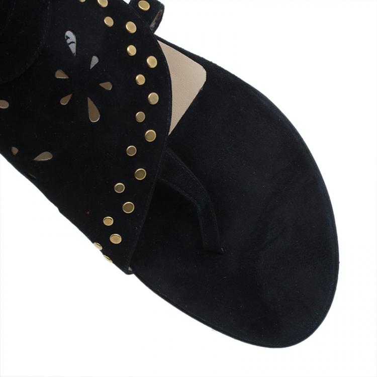 مملوكة مسبقًا Jimmy Choo Black Suede Cutout Gladiator Flat Sandals Size 38