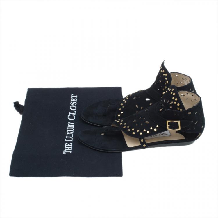 مملوكة مسبقًا Jimmy Choo Black Suede Cutout Gladiator Flat Sandals Size 38