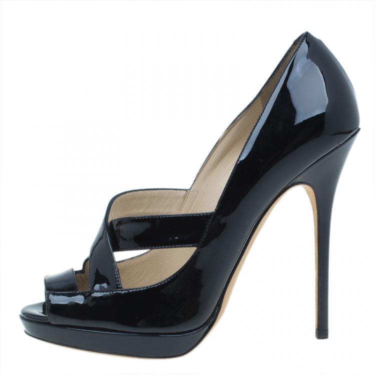 Pre Owned Jimmy Choo Black Patent Gesture Cross Strap Peep Toe Platform Pumps Size 36.5