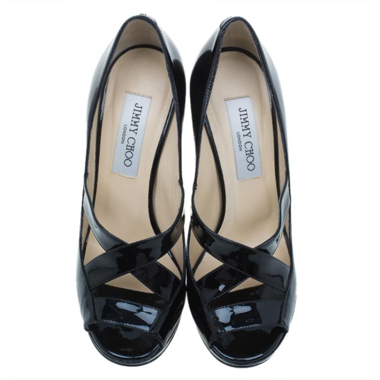 Pre Owned Jimmy Choo Black Patent Gesture Cross Strap Peep Toe Platform Pumps Size 36.5