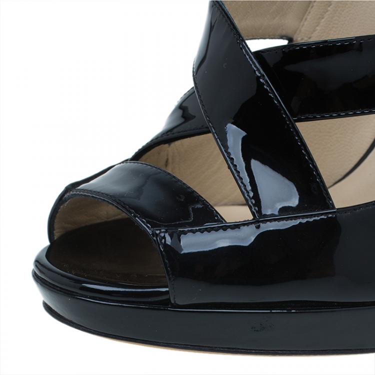 Pre Owned Jimmy Choo Black Patent Gesture Cross Strap Peep Toe Platform Pumps Size 36.5