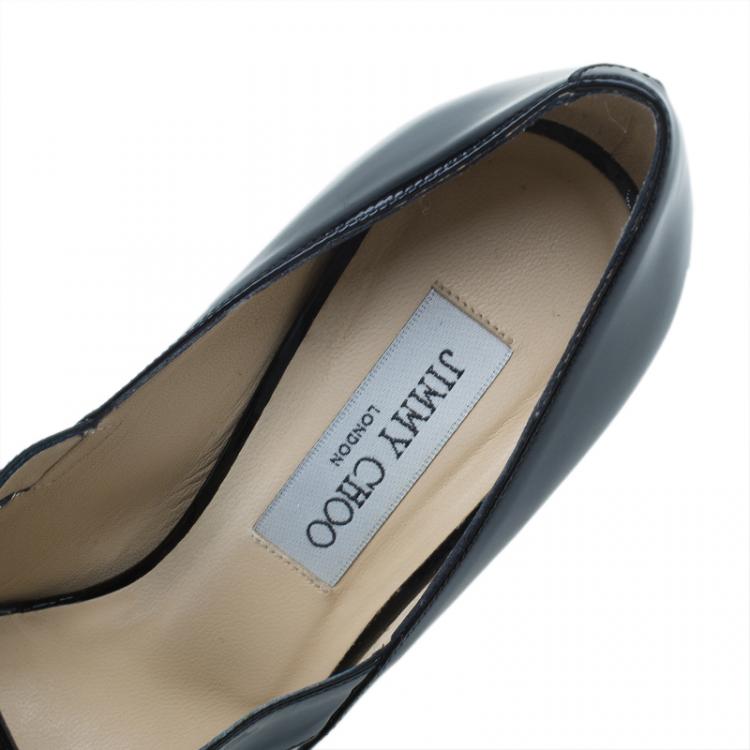 Pre Owned Jimmy Choo Black Patent Gesture Cross Strap Peep Toe Platform Pumps Size 36.5