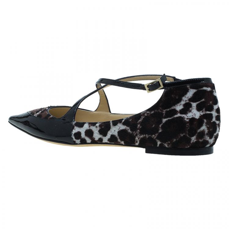 Pre Owned Jimmy Choo Black Leather and Leopard Print Pony Hair Gamble Crisscross Ballet Flats Size 37.5