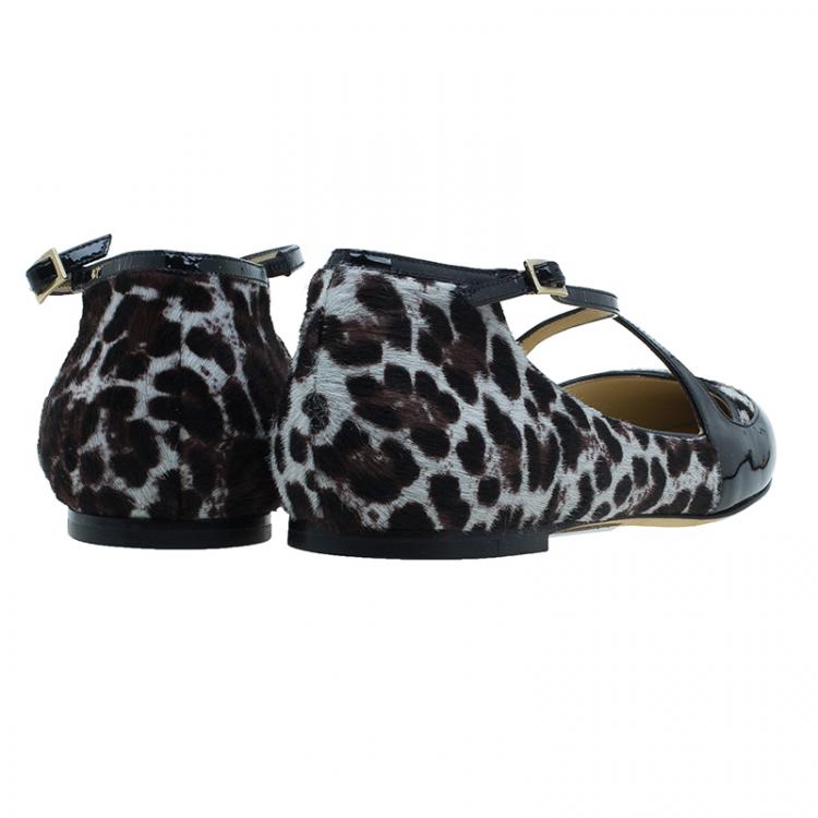 Pre Owned Jimmy Choo Black Leather and Leopard Print Pony Hair Gamble Crisscross Ballet Flats Size 37.5