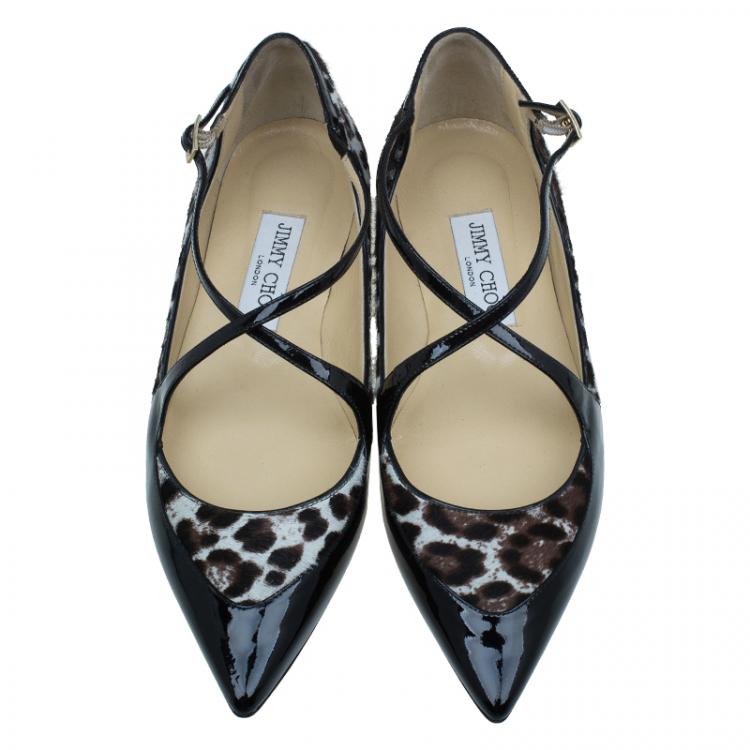 Pre Owned Jimmy Choo Black Leather and Leopard Print Pony Hair Gamble Crisscross Ballet Flats Size 37.5