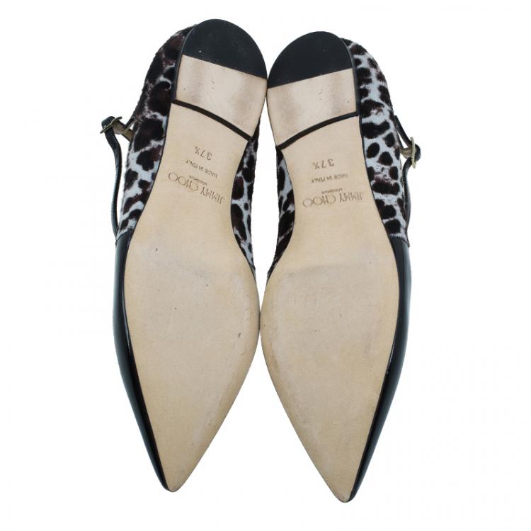 Pre Owned Jimmy Choo Black Leather and Leopard Print Pony Hair Gamble Crisscross Ballet Flats Size 37.5