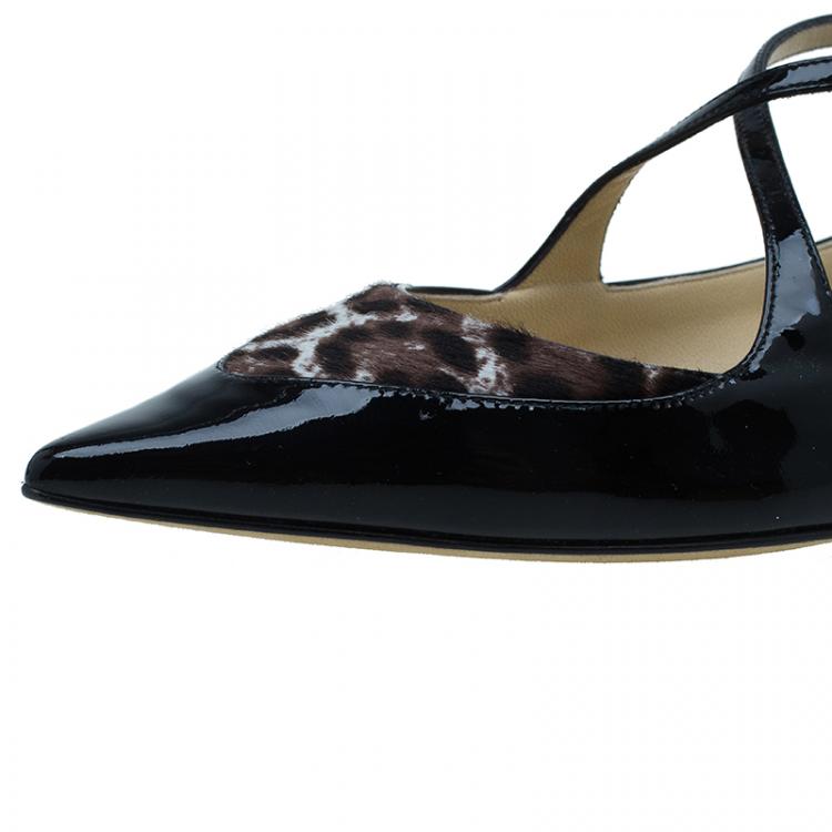 Pre Owned Jimmy Choo Black Leather and Leopard Print Pony Hair Gamble Crisscross Ballet Flats Size 37.5