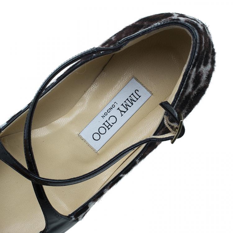 Pre Owned Jimmy Choo Black Leather and Leopard Print Pony Hair Gamble Crisscross Ballet Flats Size 37.5