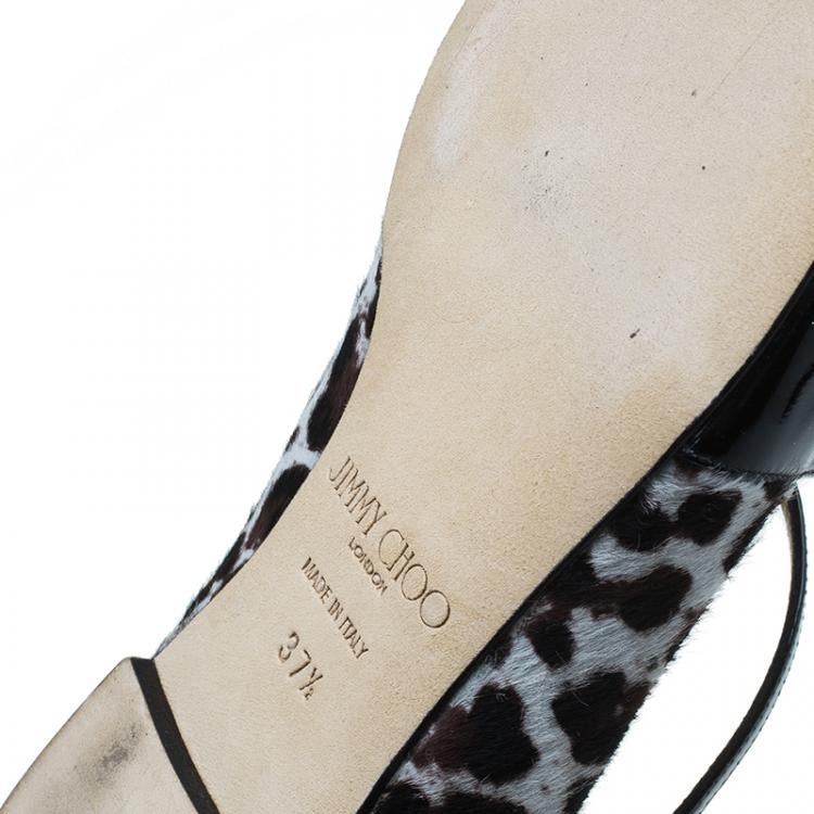Pre Owned Jimmy Choo Black Leather and Leopard Print Pony Hair Gamble Crisscross Ballet Flats Size 37.5
