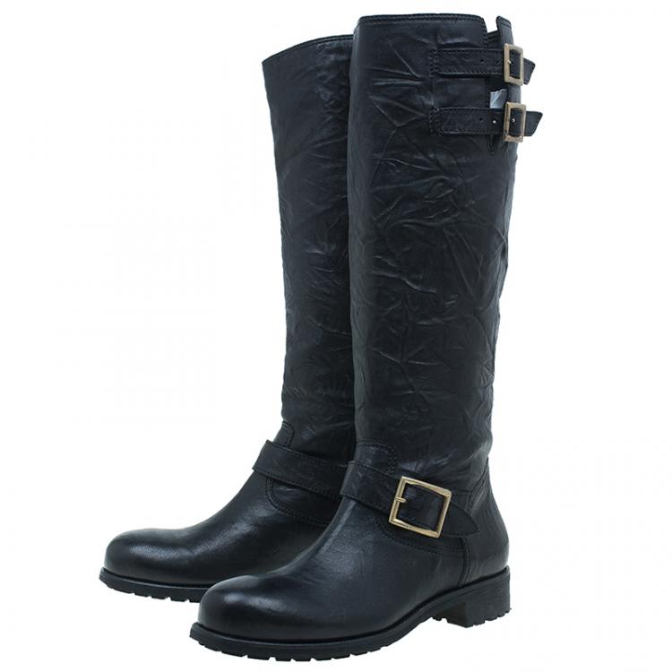Pre Owned Jimmy Choo Black Wrinkled Leather Yule Biker Boots Size 40.5