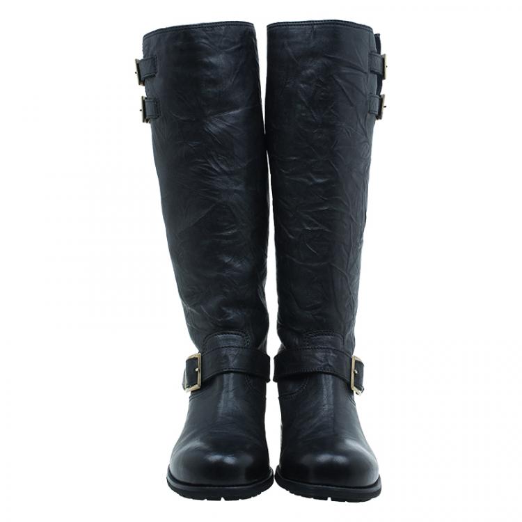 Pre Owned Jimmy Choo Black Wrinkled Leather Yule Biker Boots Size 40.5