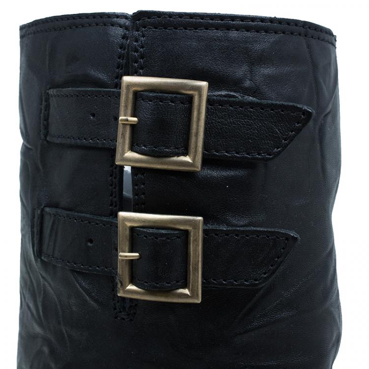 Pre Owned Jimmy Choo Black Wrinkled Leather Yule Biker Boots Size 40.5
