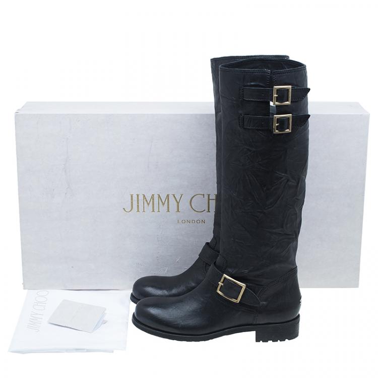 Pre Owned Jimmy Choo Black Wrinkled Leather Yule Biker Boots Size 40.5