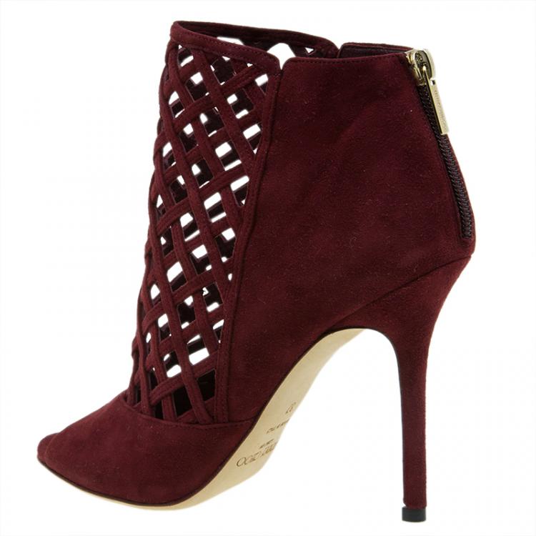 Pre Owned Jimmy Choo Burgundy Suede Drift Cutout Peep-Toe Booties Size 37