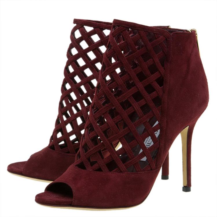 Pre Owned Jimmy Choo Burgundy Suede Drift Cutout Peep-Toe Booties Size 37
