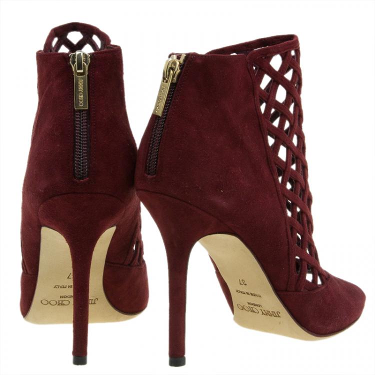 Pre Owned Jimmy Choo Burgundy Suede Drift Cutout Peep-Toe Booties Size 37