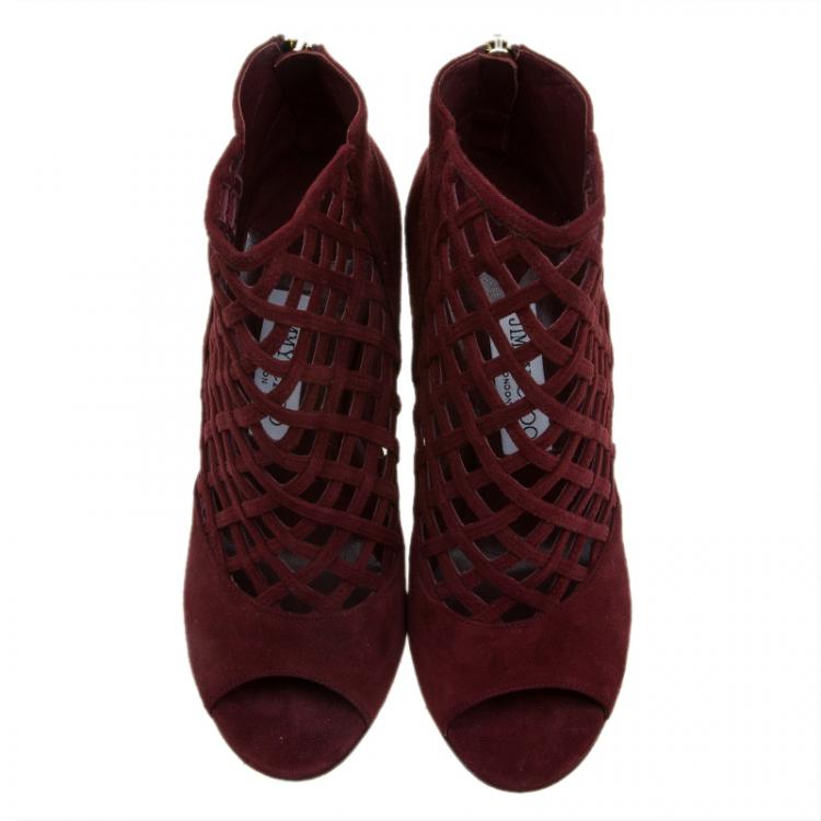 Pre Owned Jimmy Choo Burgundy Suede Drift Cutout Peep-Toe Booties Size 37