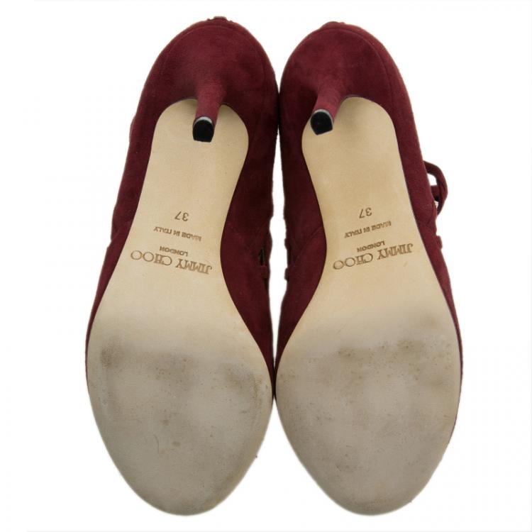 Pre Owned Jimmy Choo Burgundy Suede Drift Cutout Peep-Toe Booties Size 37