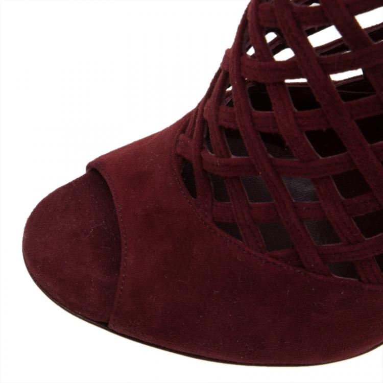 Pre Owned Jimmy Choo Burgundy Suede Drift Cutout Peep-Toe Booties Size 37