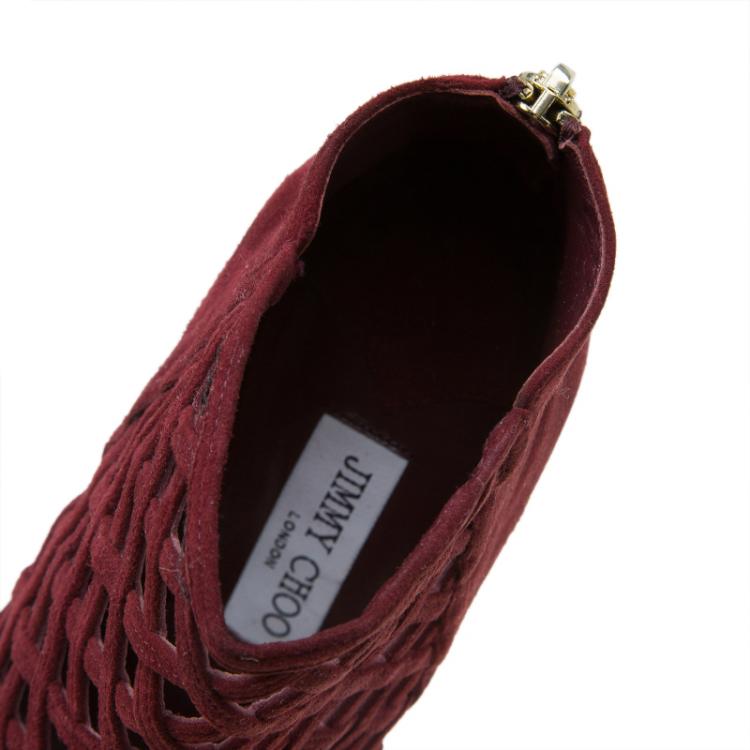 Pre Owned Jimmy Choo Burgundy Suede Drift Cutout Peep-Toe Booties Size 37