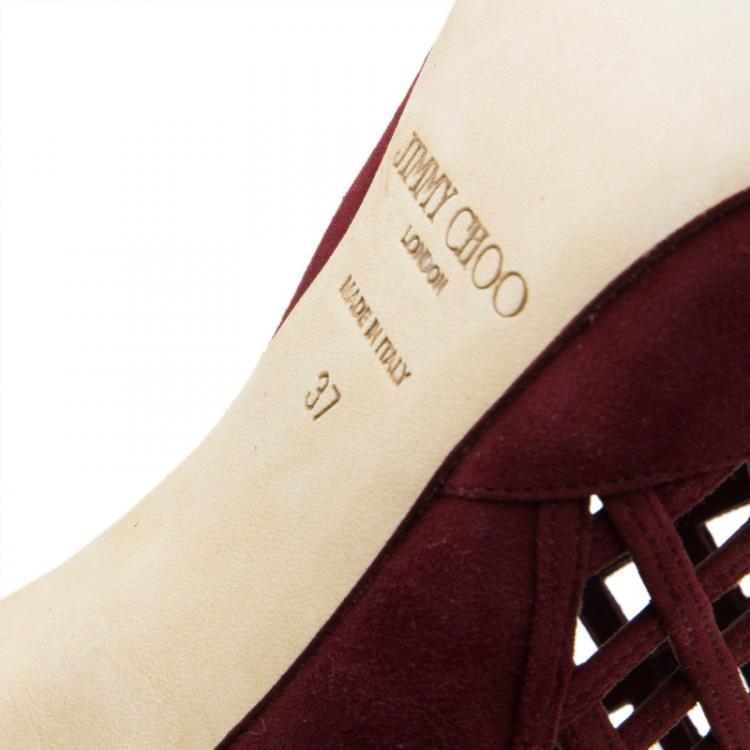 Pre Owned Jimmy Choo Burgundy Suede Drift Cutout Peep-Toe Booties Size 37