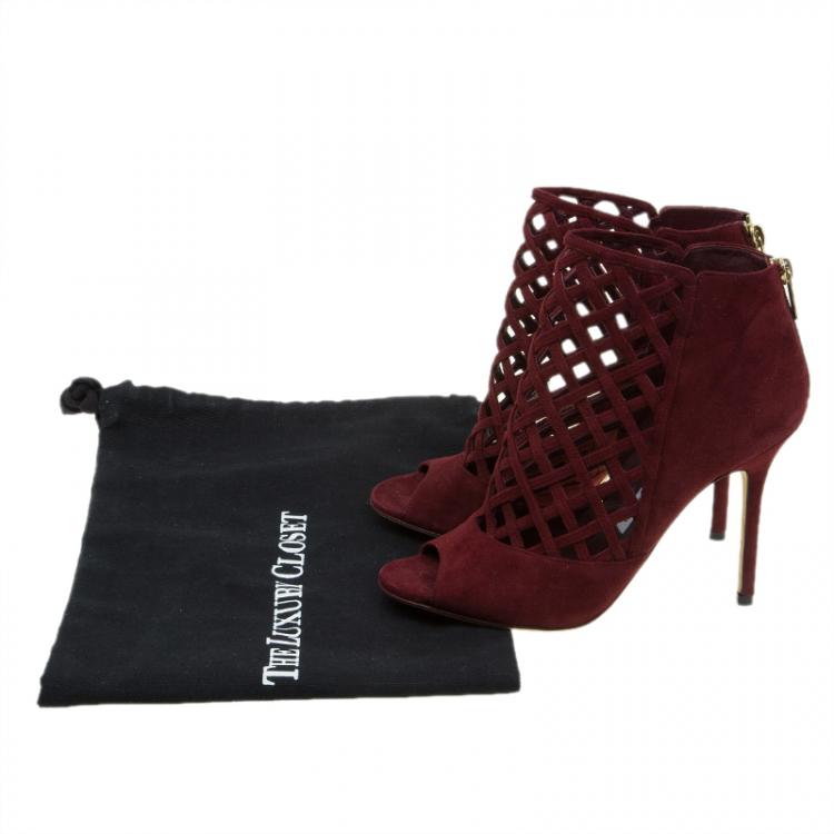 Pre Owned Jimmy Choo Burgundy Suede Drift Cutout Peep-Toe Booties Size 37