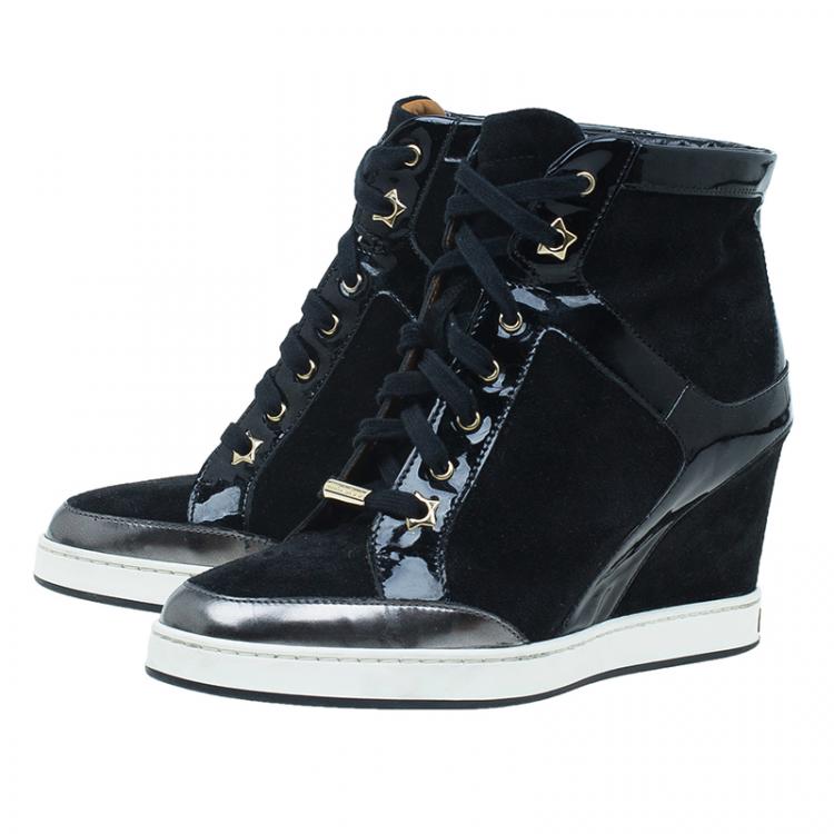 Pre Owned Jimmy Choo Black Patent Leather and Suede Panama Wedge Sneakers Size 37.5