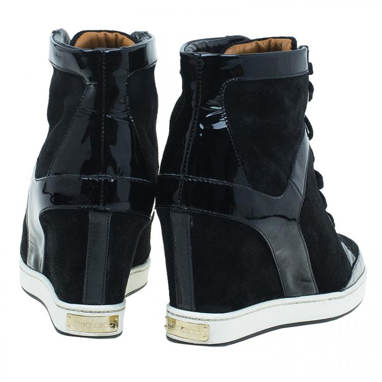 Pre Owned Jimmy Choo Black Patent Leather and Suede Panama Wedge Sneakers Size 37.5