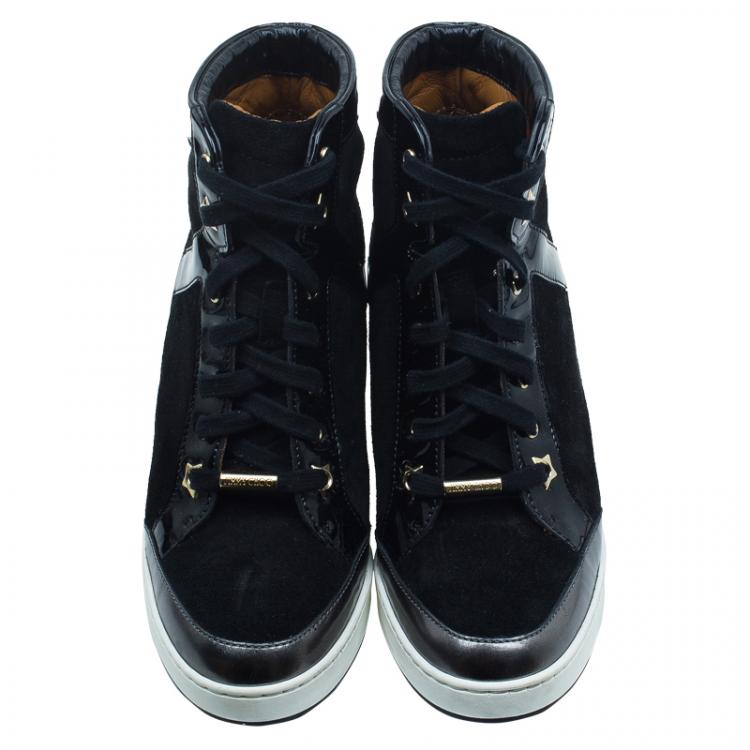 Pre Owned Jimmy Choo Black Patent Leather and Suede Panama Wedge Sneakers Size 37.5