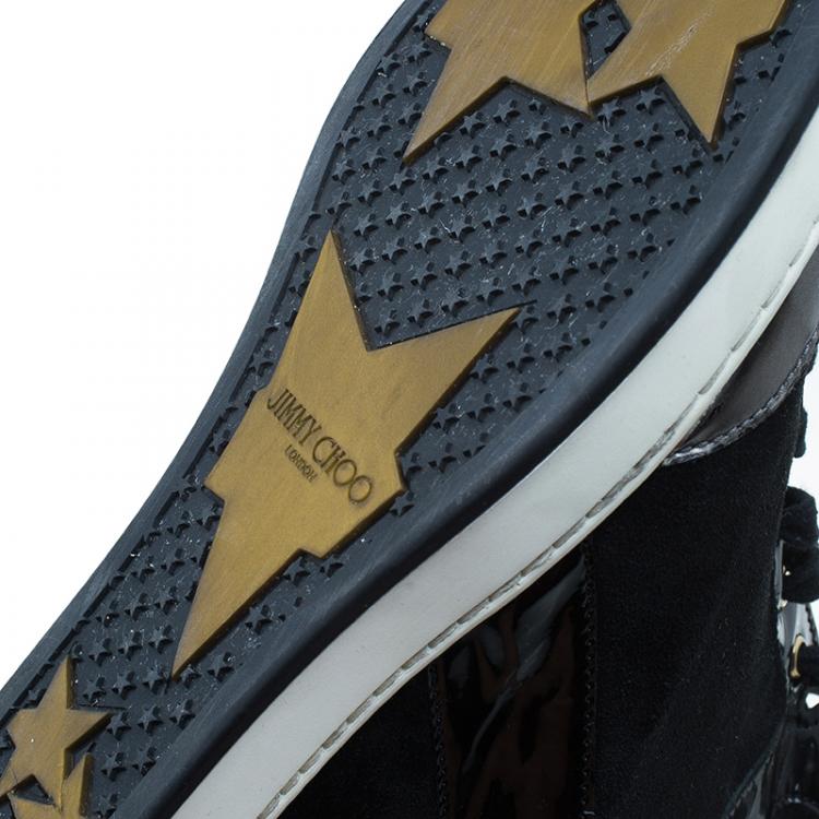 Pre Owned Jimmy Choo Black Patent Leather and Suede Panama Wedge Sneakers Size 37.5