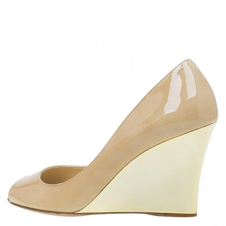Pre Owned Jimmy Choo Beige Patent Baxen Peep Toe Wedge Sandals Size 36.5