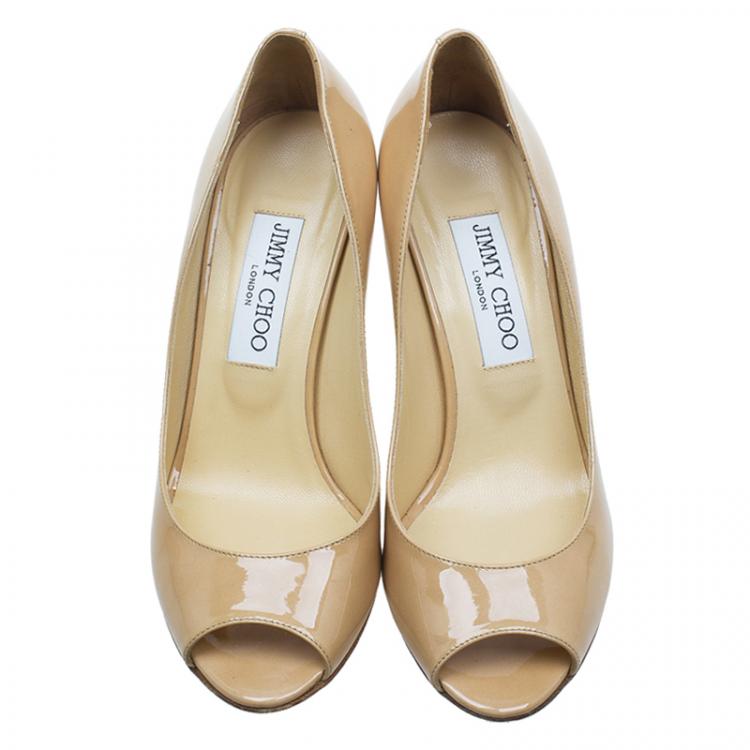 Pre Owned Jimmy Choo Beige Patent Baxen Peep Toe Wedge Sandals Size 36.5