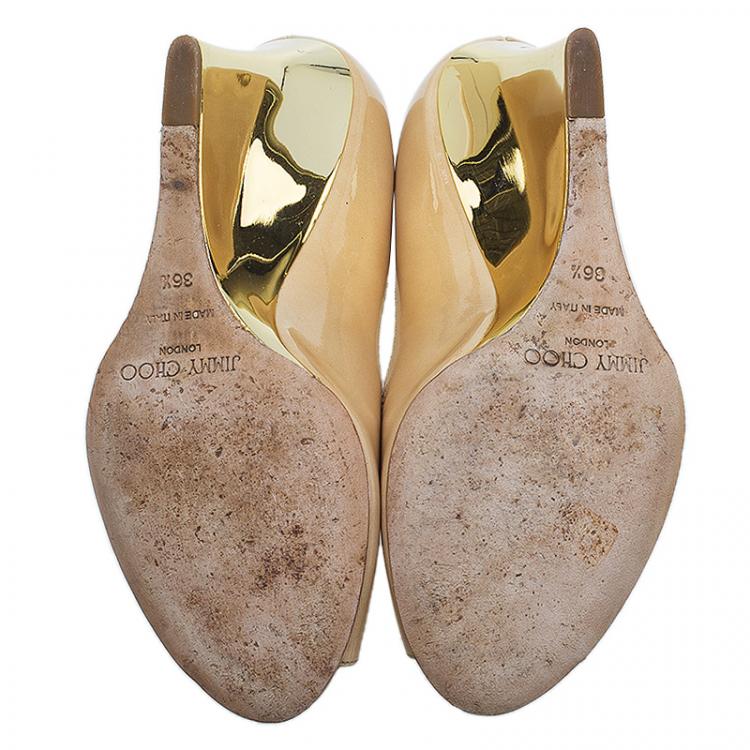 Pre Owned Jimmy Choo Beige Patent Baxen Peep Toe Wedge Sandals Size 36.5